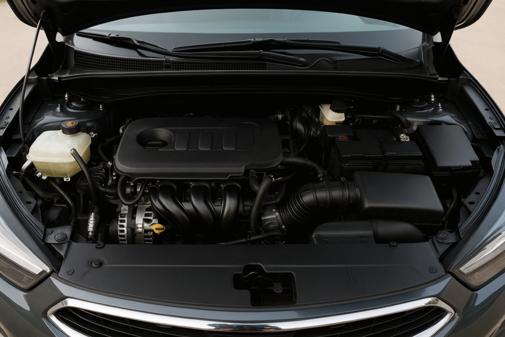 Well-maintained car engine bay with the hood open, showing detailed black engine components