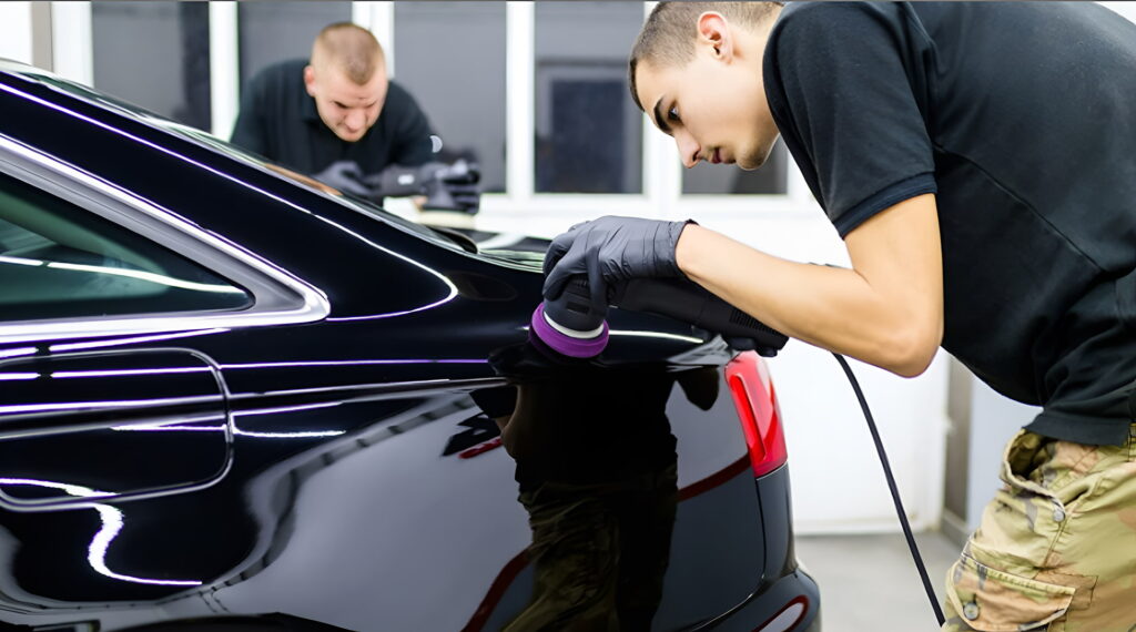 Detailer using a handheld polishing machine on the side of a black car during a full exterior car detailing service.