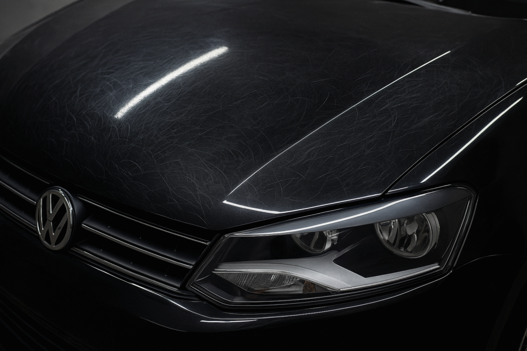 Close-up of a black car’s front hood and headlight showing visible swirl marks and fine scratches across the paint surface.