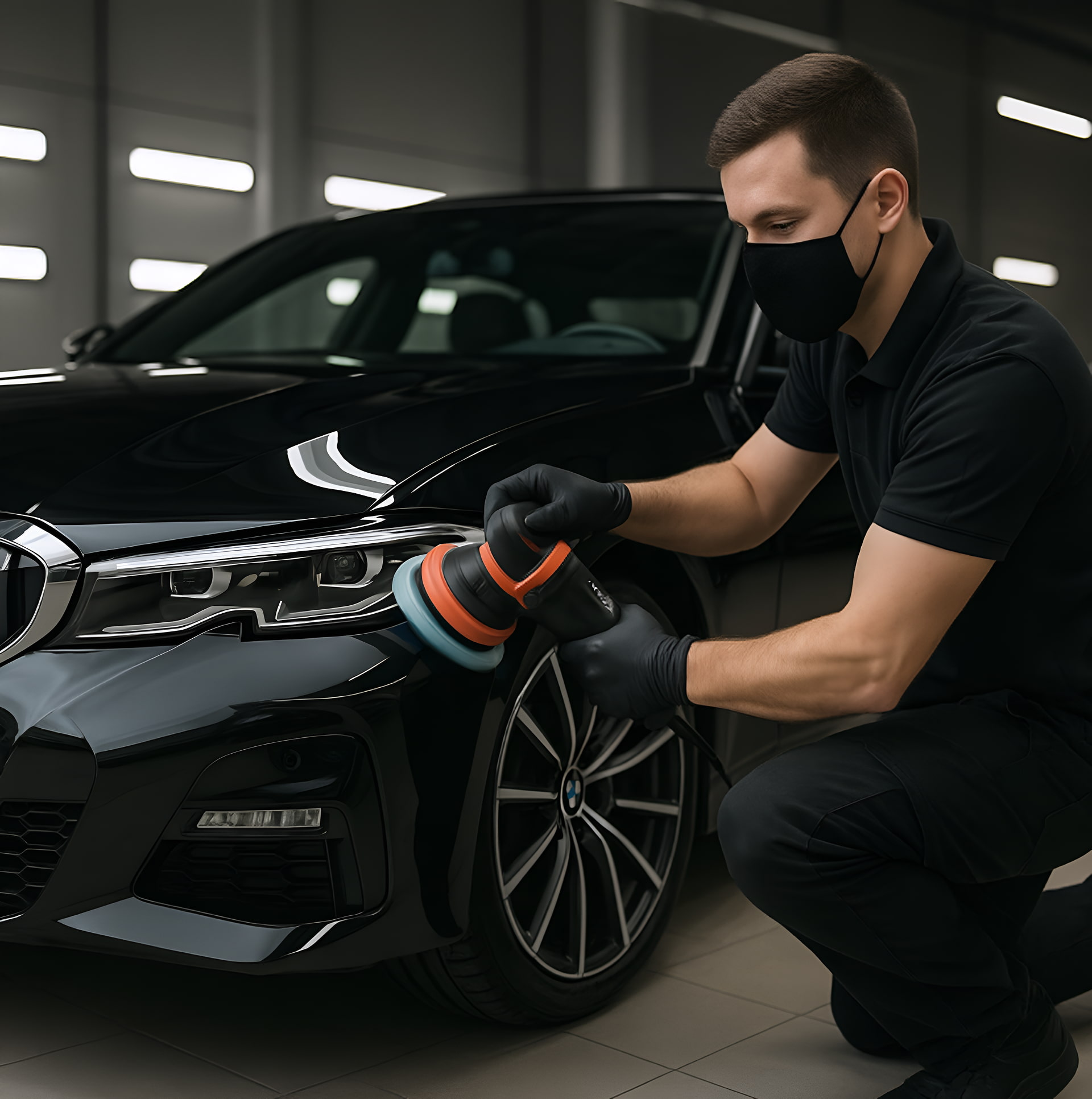 Professional auto detailer polishing the front fender of a sleek black luxury sedan inside a bright modern showroom.