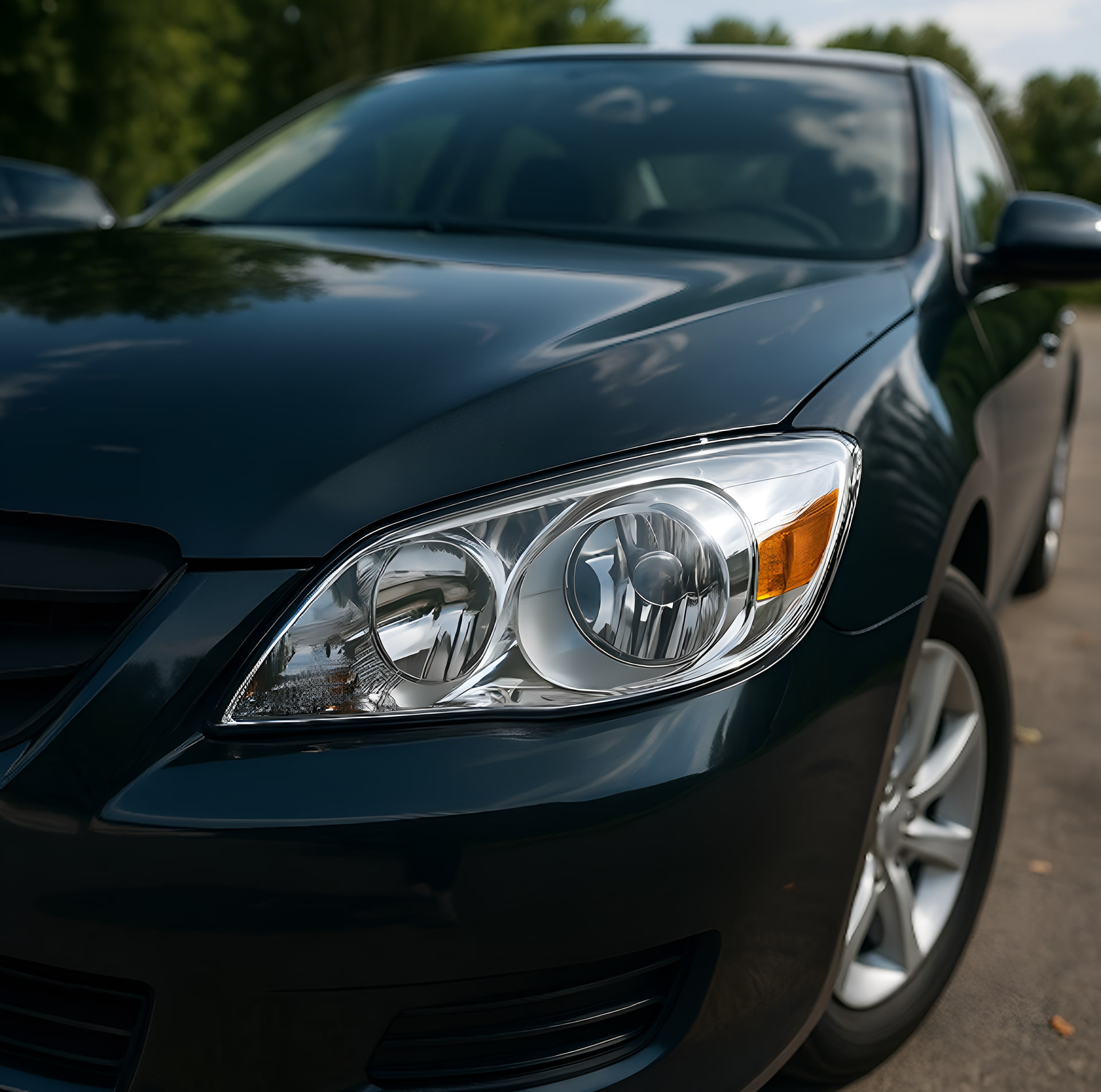 Close-up of a car’s freshly restored headlight showing a clear, polished lens and glossy paint finish after professional headlight restoration.