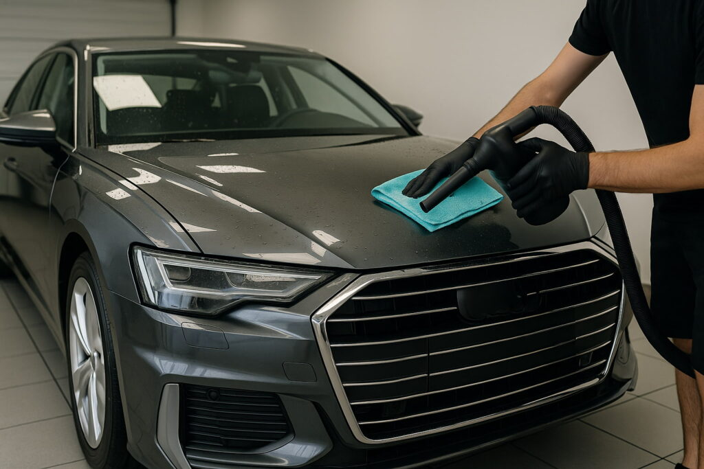 Professional detailer gently dries a dark gray ceramic-coated car