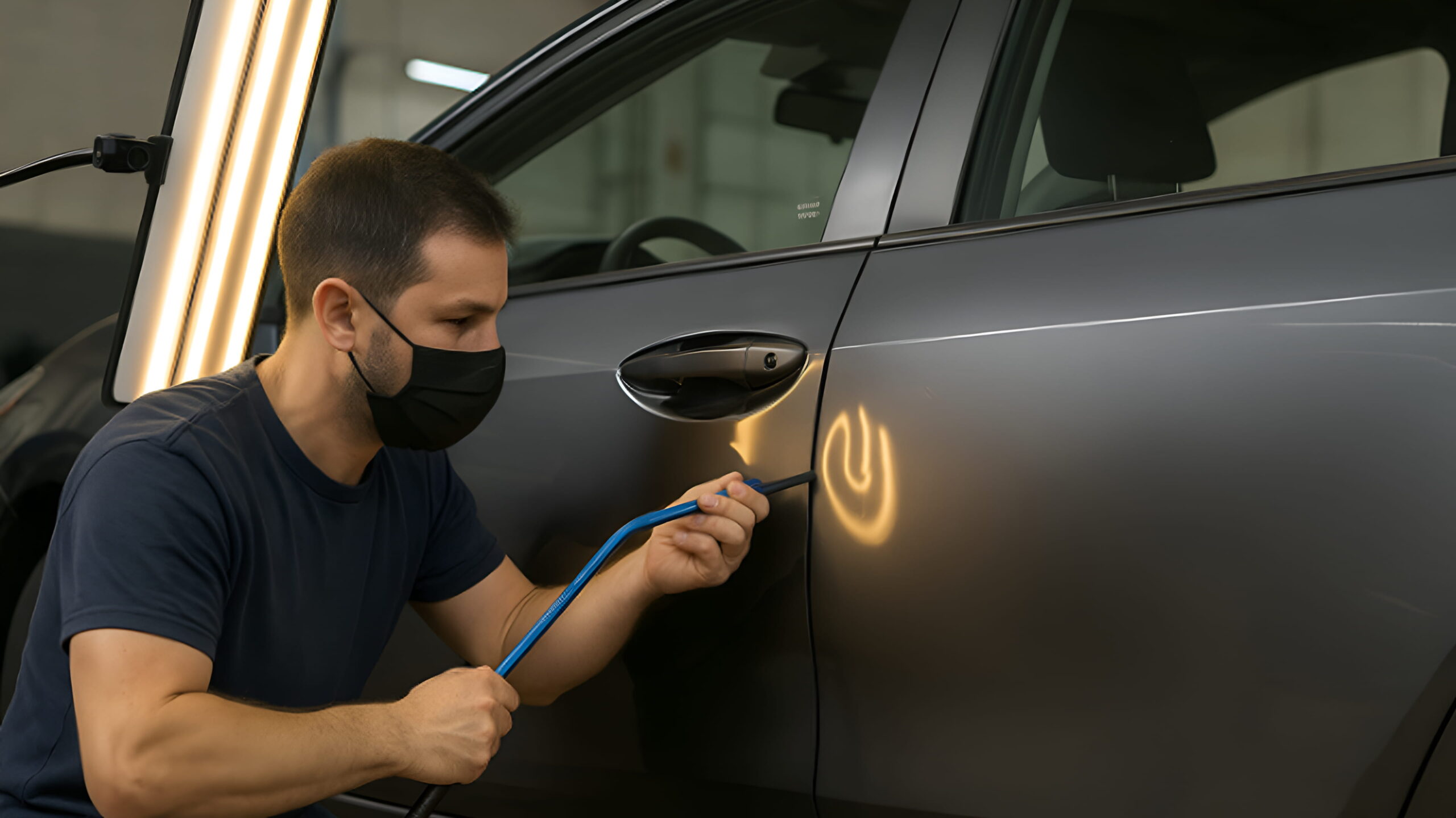 Auto technician performing paintless dent repair on a gray car door inside a well-lit garage using specialized PDR tools