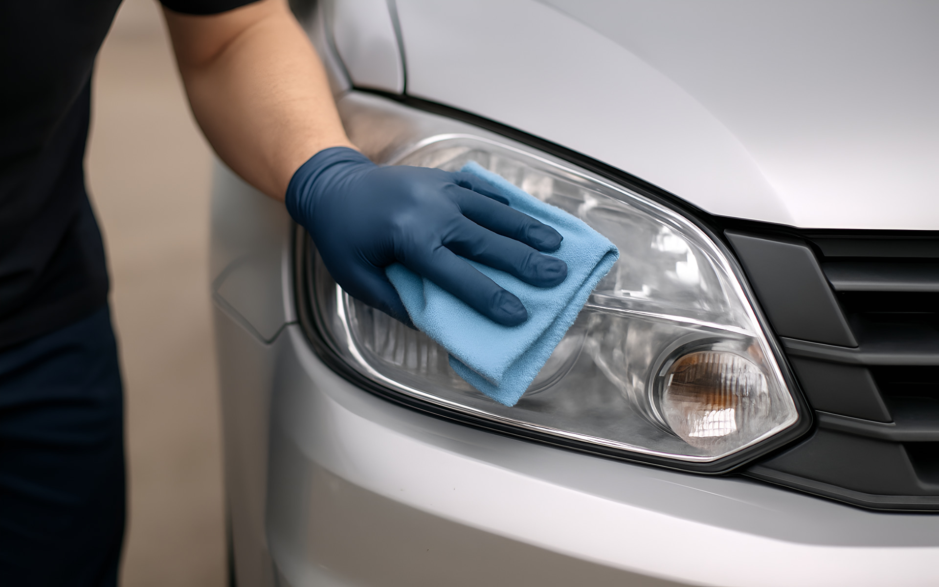 Close-up of a person’s gloved hand cleaning a car headlight with a blue microfiber cloth