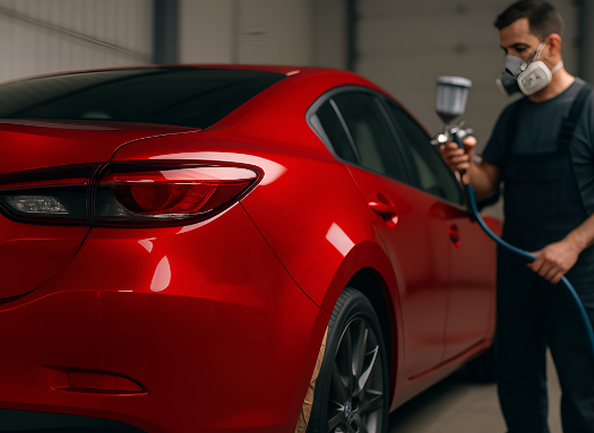 A professional auto painter wearing a respirator carefully sprays bright red paint
