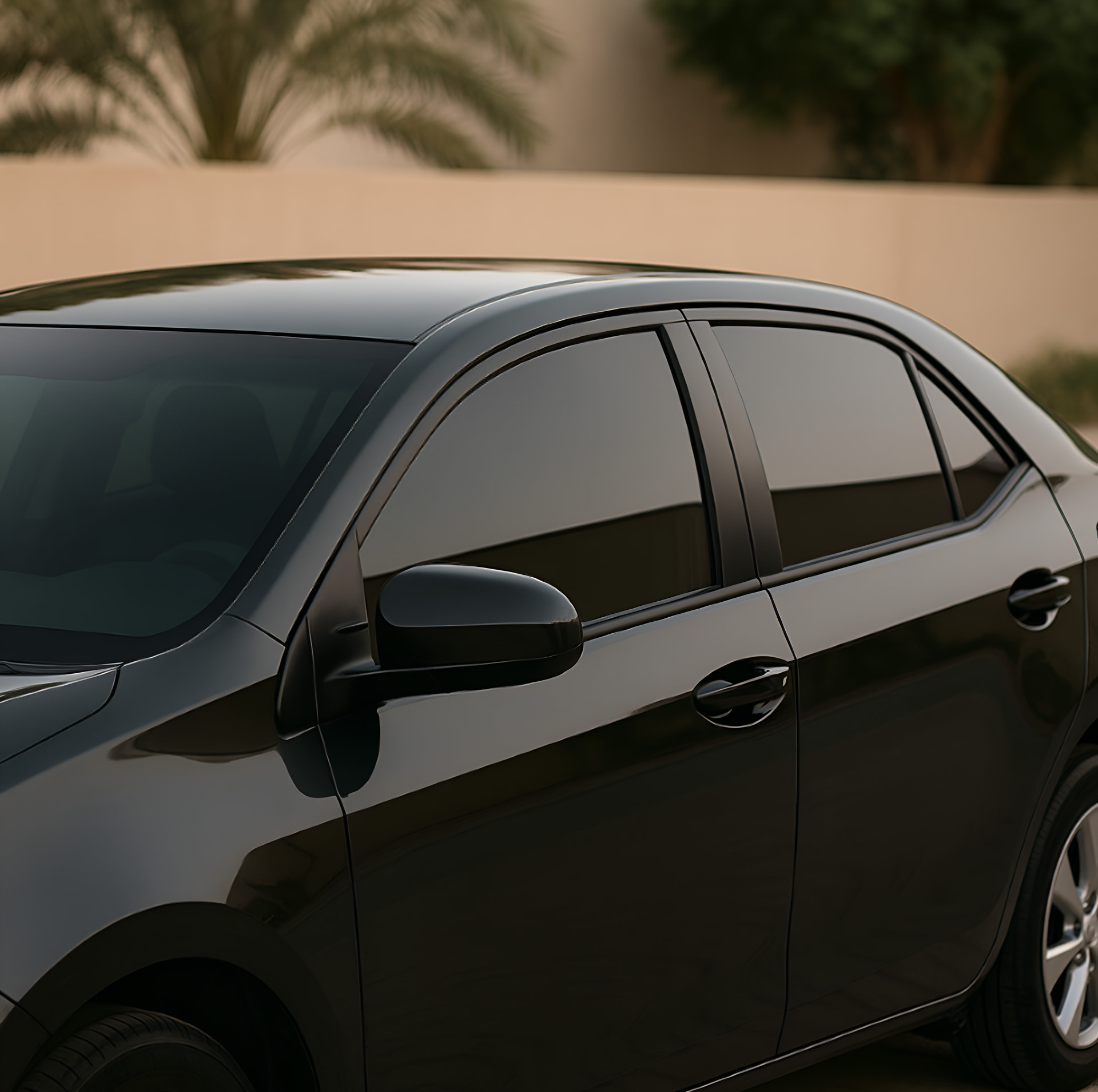 : A sleek dark sedan with glossy tinted windows parked outdoors in bright sunlight