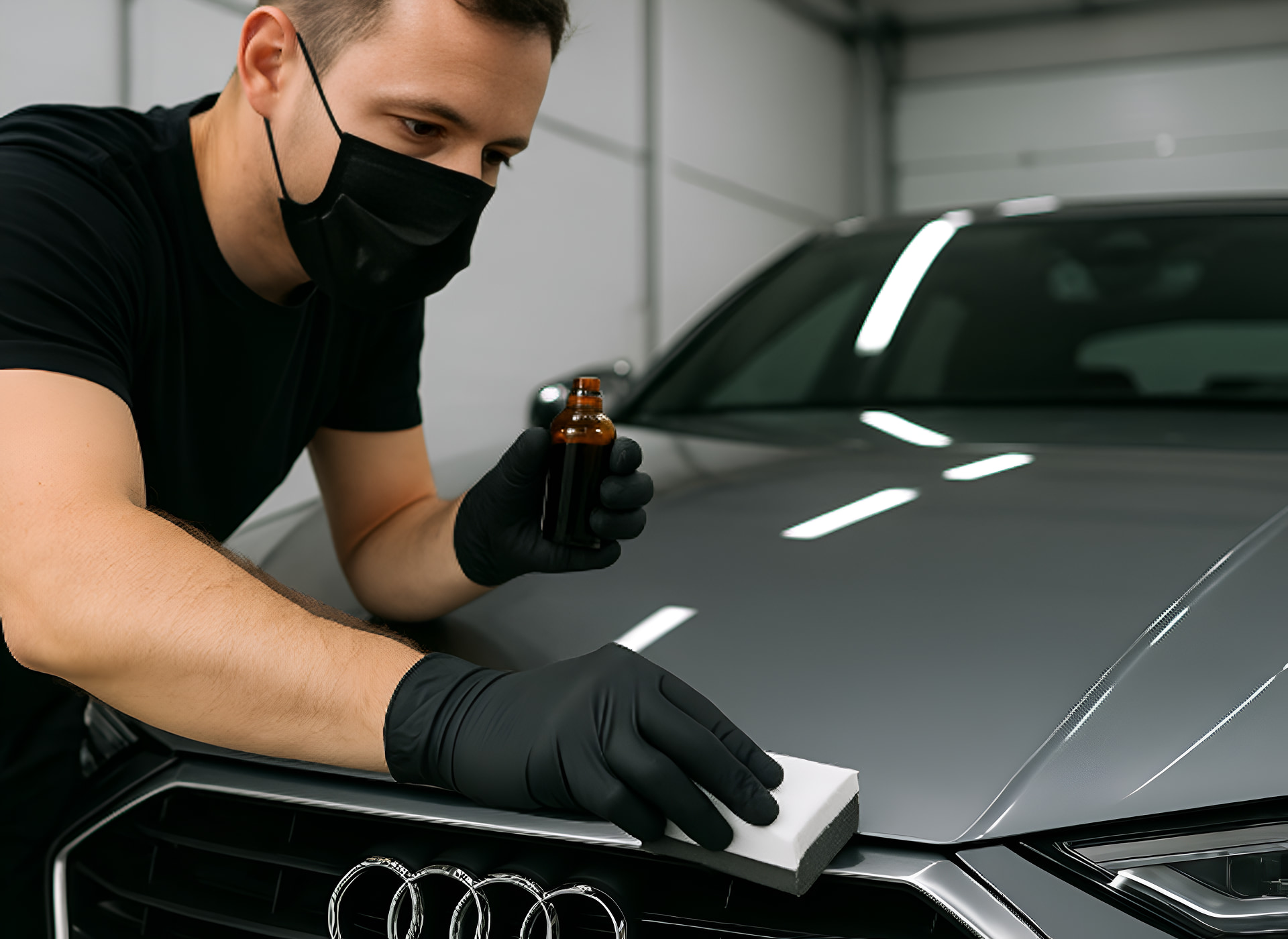 Professional car detailer applies ceramic coating to the hood of a metallic gray Audi