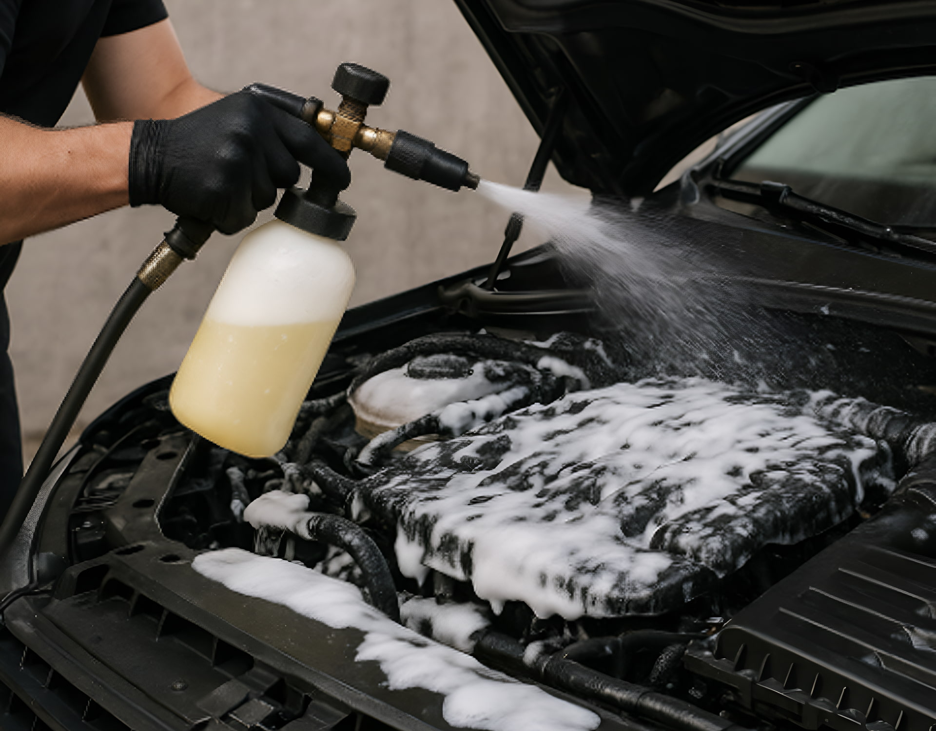 White foam cleaner onto a car engine bay with the hood open to perform a detailed engine cleaning.