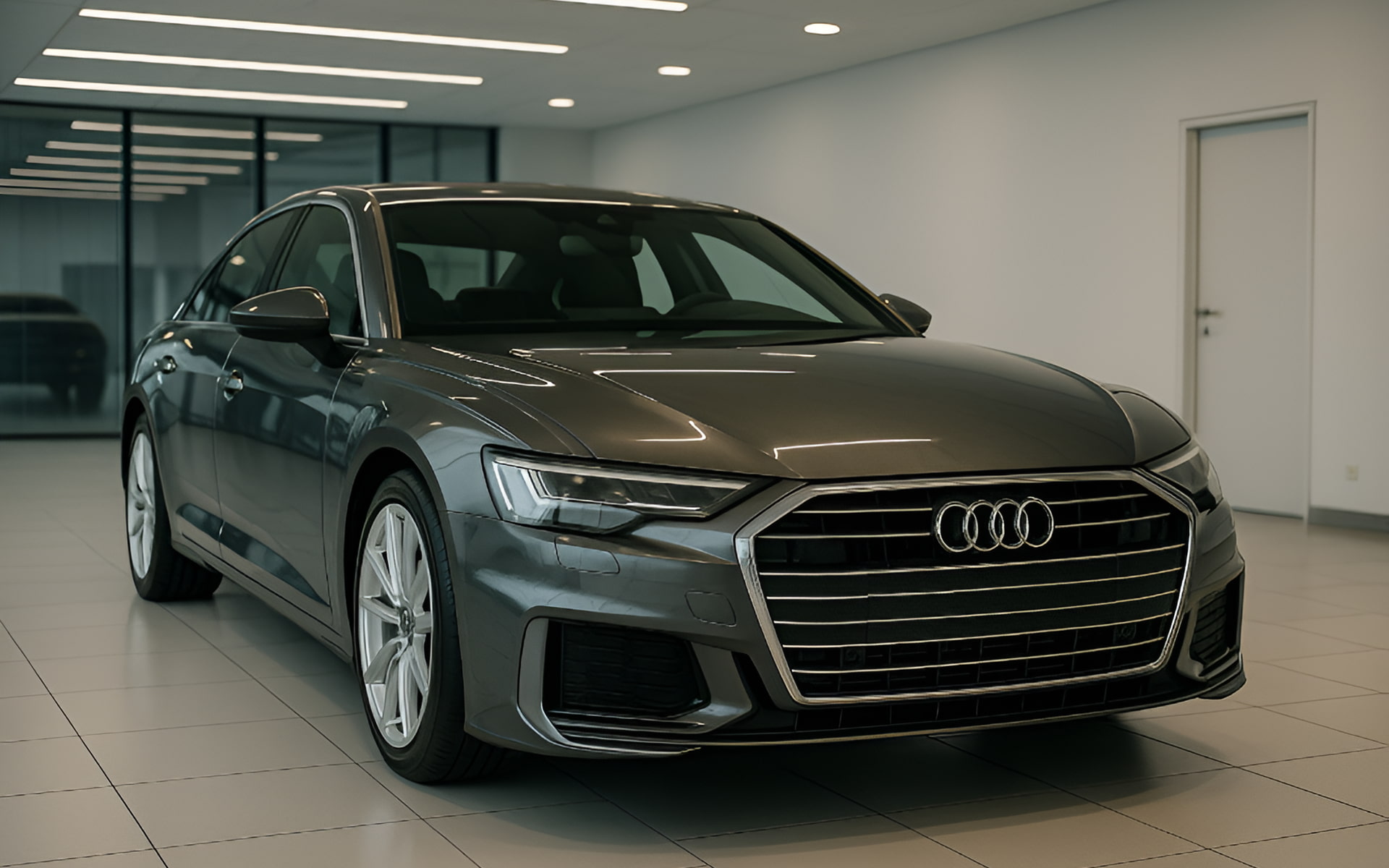 A high-gloss metallic gray Audi sedan in a clean environment, along with ceramic coating maintenance.