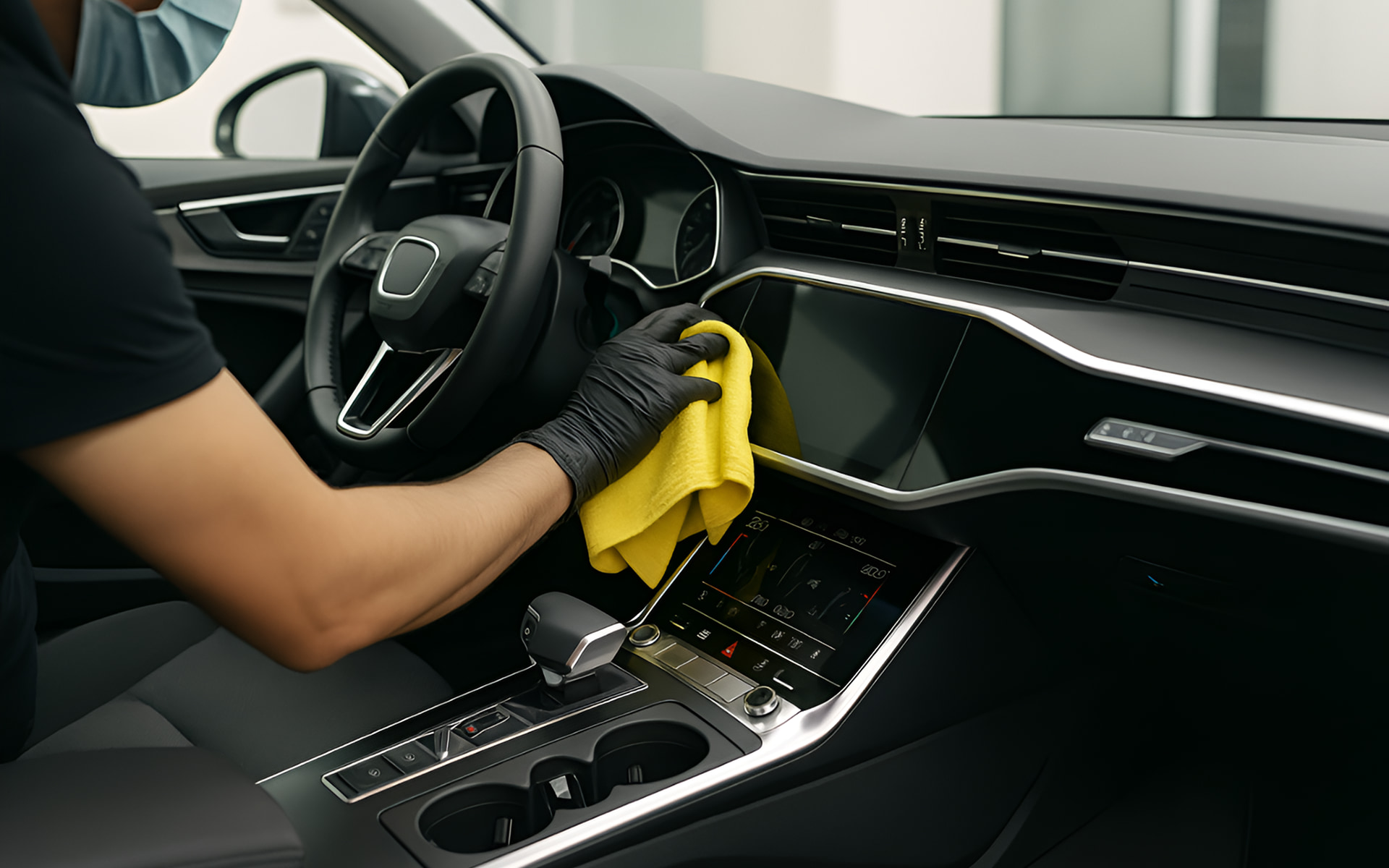 Professional detailer wearing black gloves wipes a car’s center console and dashboard