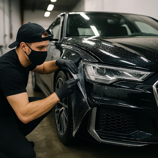 Professional technician wearing gloves and mask applying Paint Protection Film (PPF) on the hood of a luxury black car