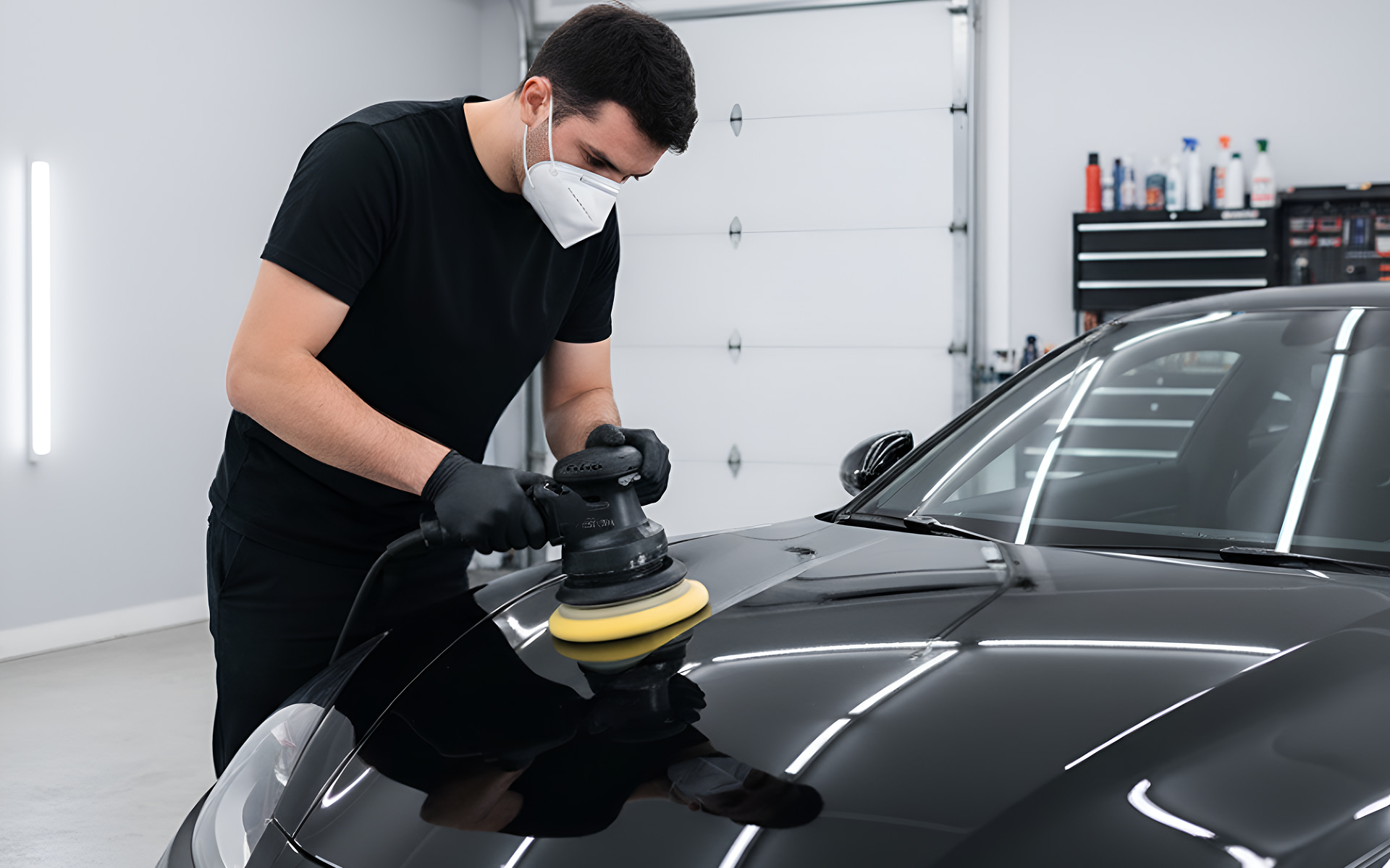 A man detailing a black car hood with a dual-action polisher in a clean