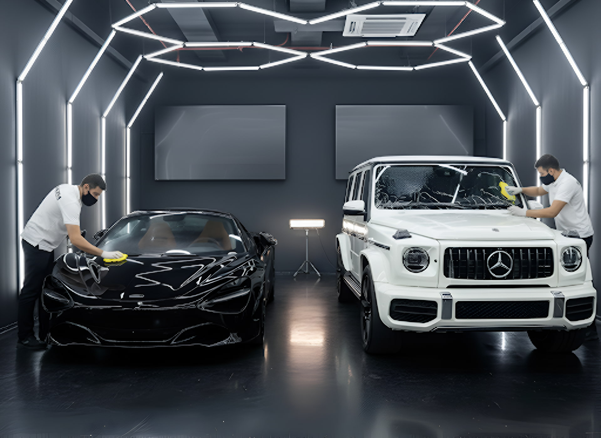 Technicians applying film paint protection to luxury cars