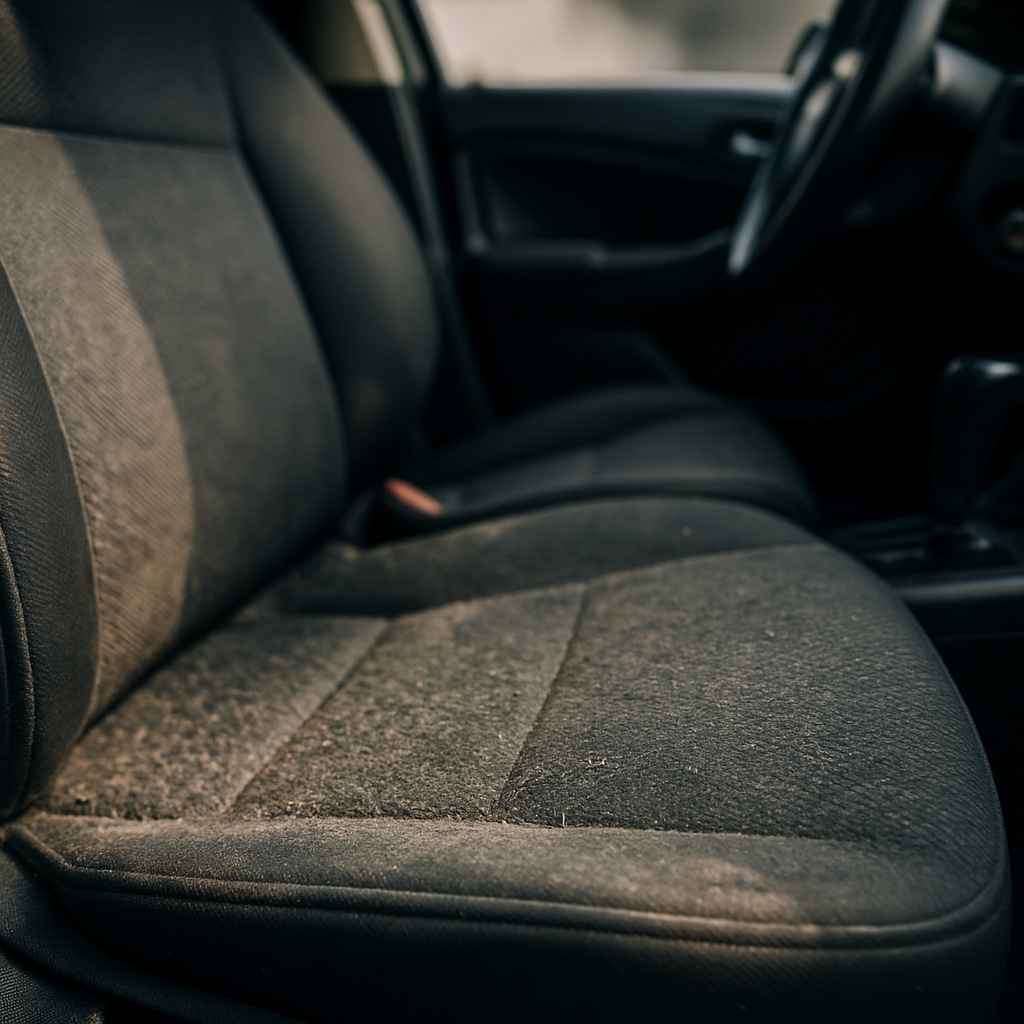 Close-up of a worn car seat with visible dirt and fading