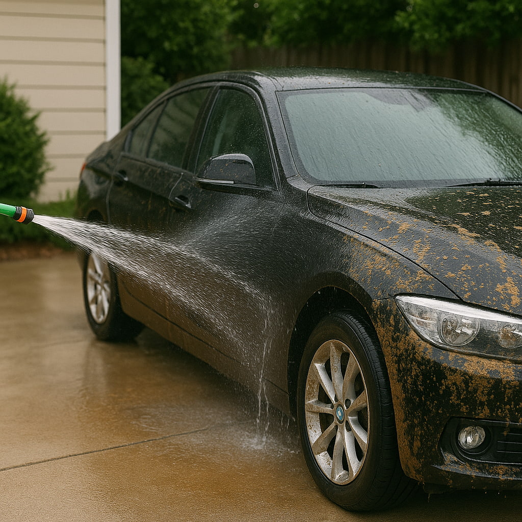  A black car covered in mud is being rinsed with water from a garden hose on a driveway.