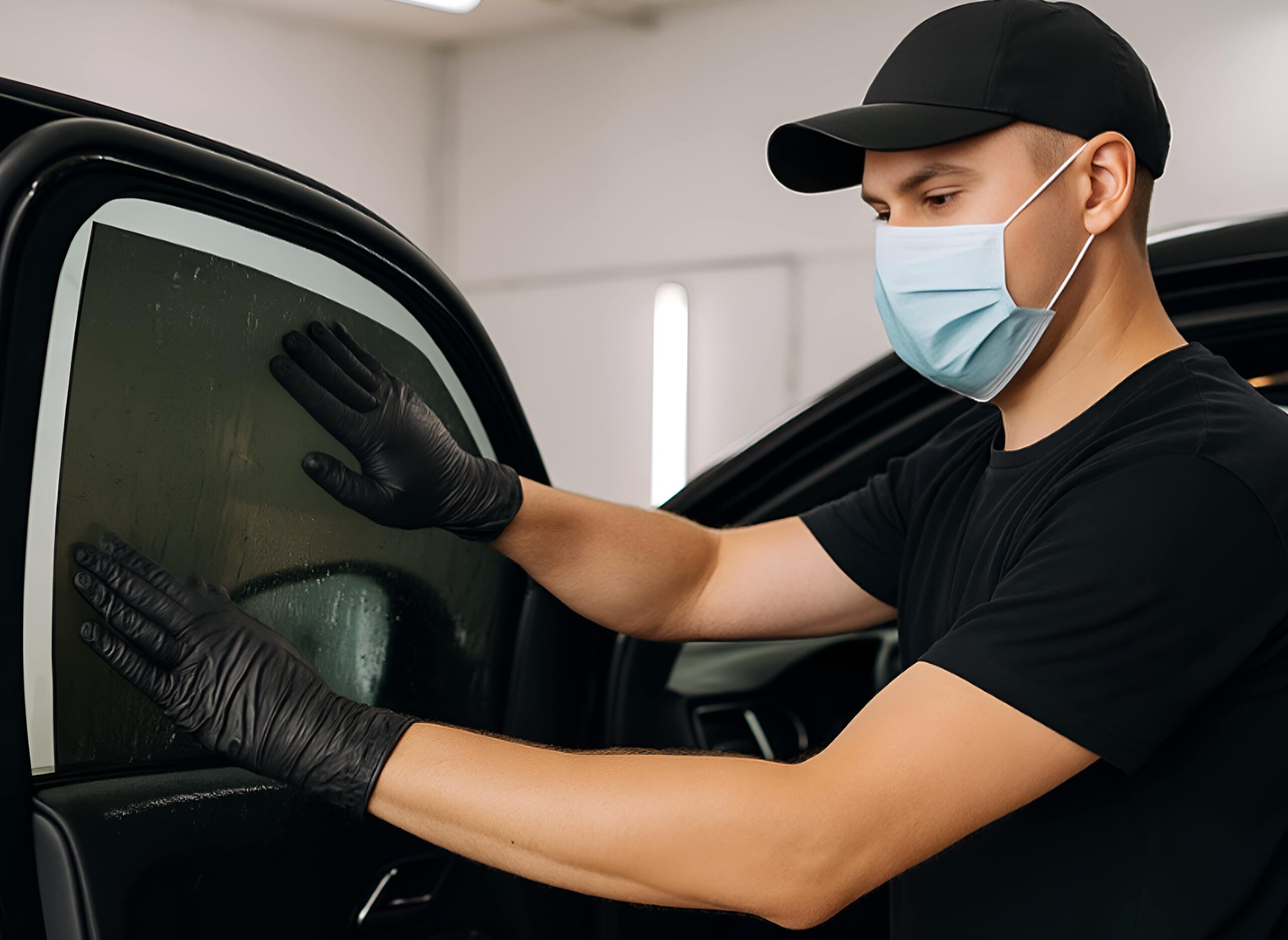 Technician wearing gloves and a face mask applying window tint film to a car door glass