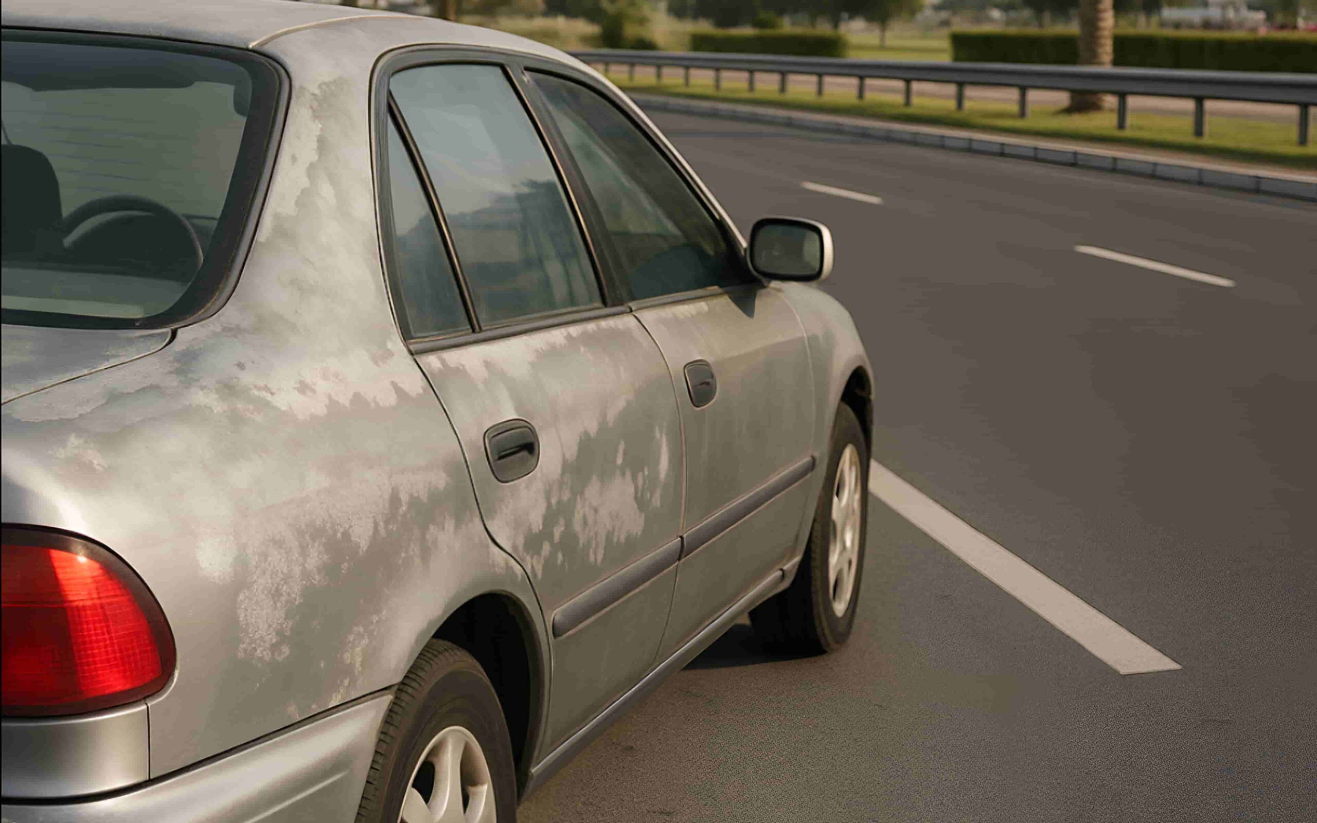Silver sedan with visible paint oxidation on the trunk and rear panels parked on a road in the UAE.