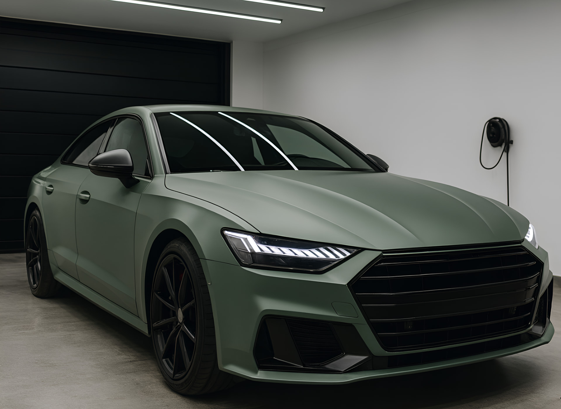 Green matte car parked inside a modern garage under soft lighting