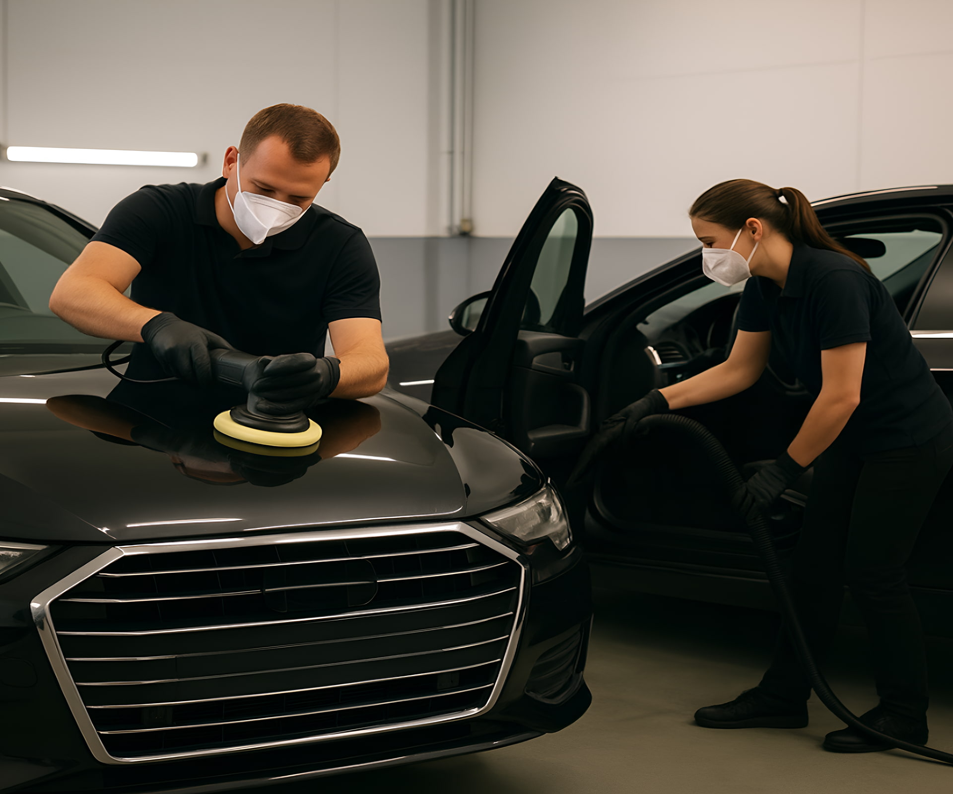 Two professional car detailers in masks and gloves working on separate cars in a garage