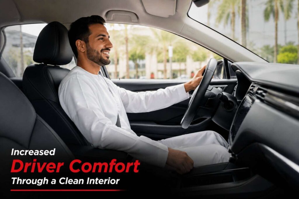 Smiling driver enjoying a clean, comfortable car interior during a pleasant drive.